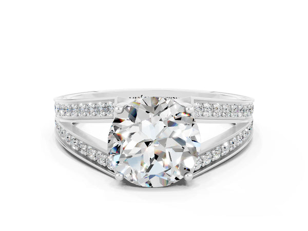 Silver Round Cut Moissanite Split Shank Ring with Pavé Band and Four-Prong Setting