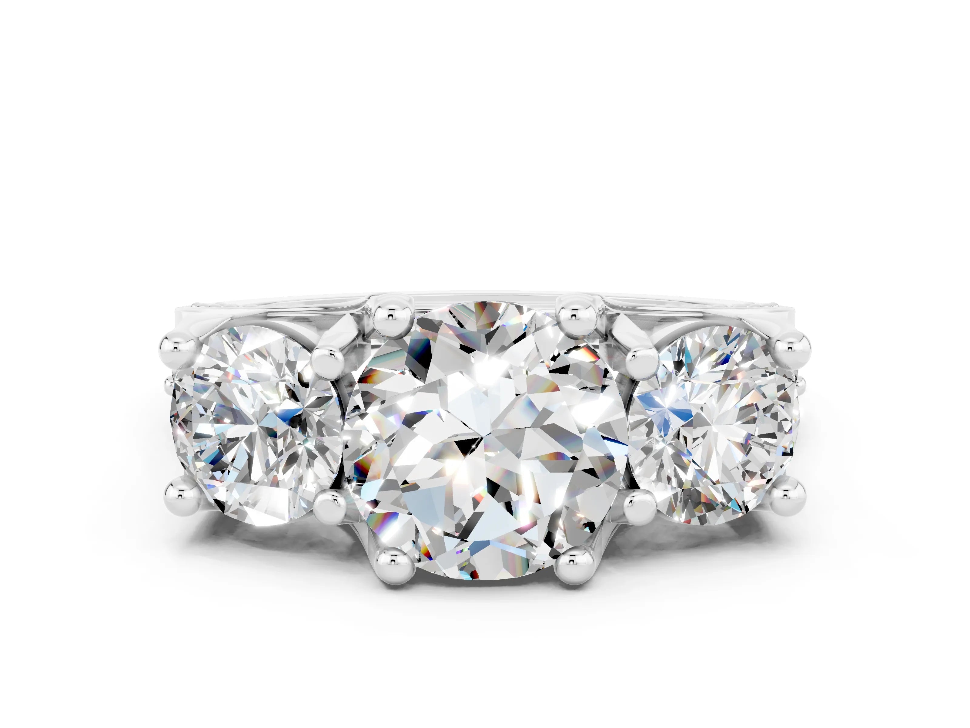 White gold Round Cut Moissanite Three-Stone Ring with Channel Set Band and Four-Prong Setting