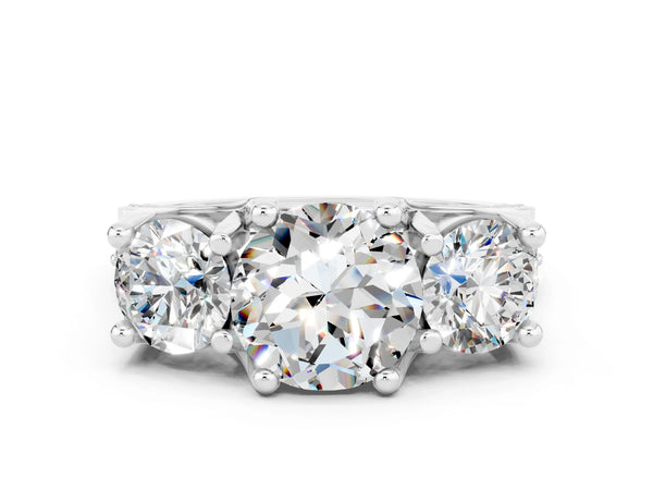 Platinum Round Cut Moissanite Three-Stone Ring with Channel Set Band and Four-Prong Setting