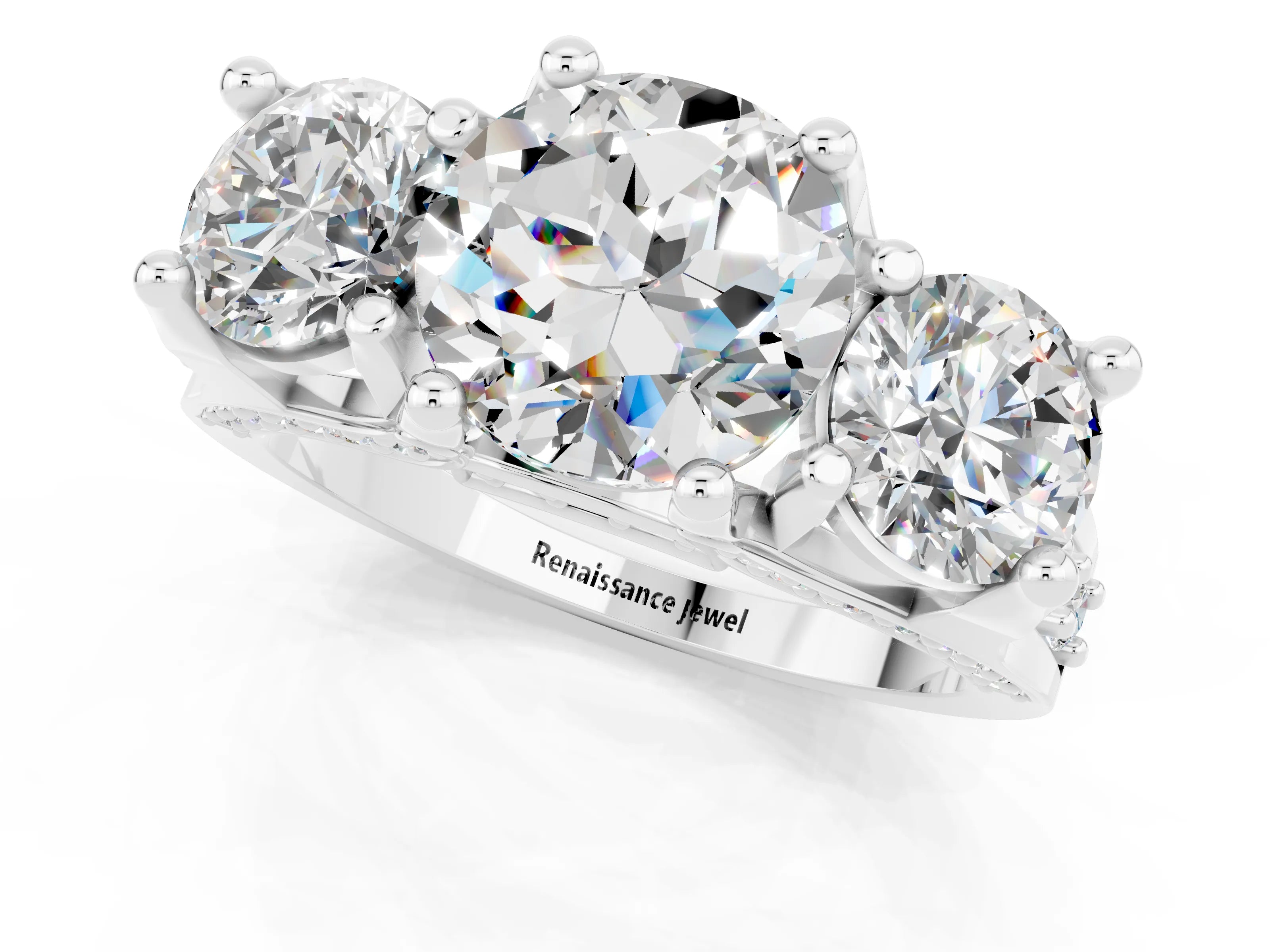 White gold Round Cut Moissanite Three-Stone Ring with Channel Set Band and Four-Prong Setting_1