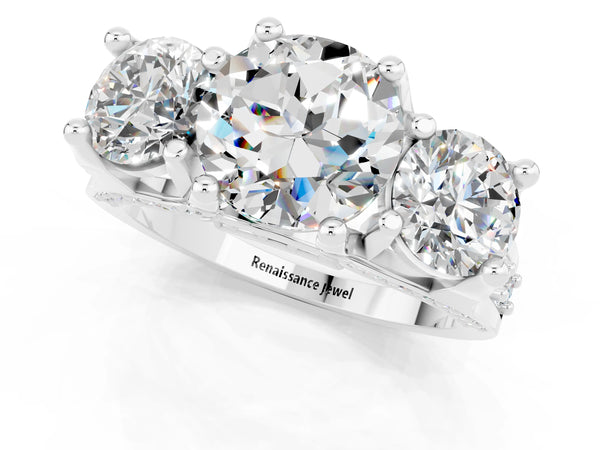 Silver Round Cut Moissanite Three-Stone Ring with Channel Set Band and Four-Prong Setting