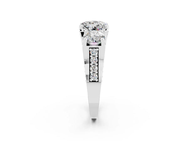 Platinum Round Cut Moissanite Three-Stone Ring with Channel Set Band and Four-Prong Setting