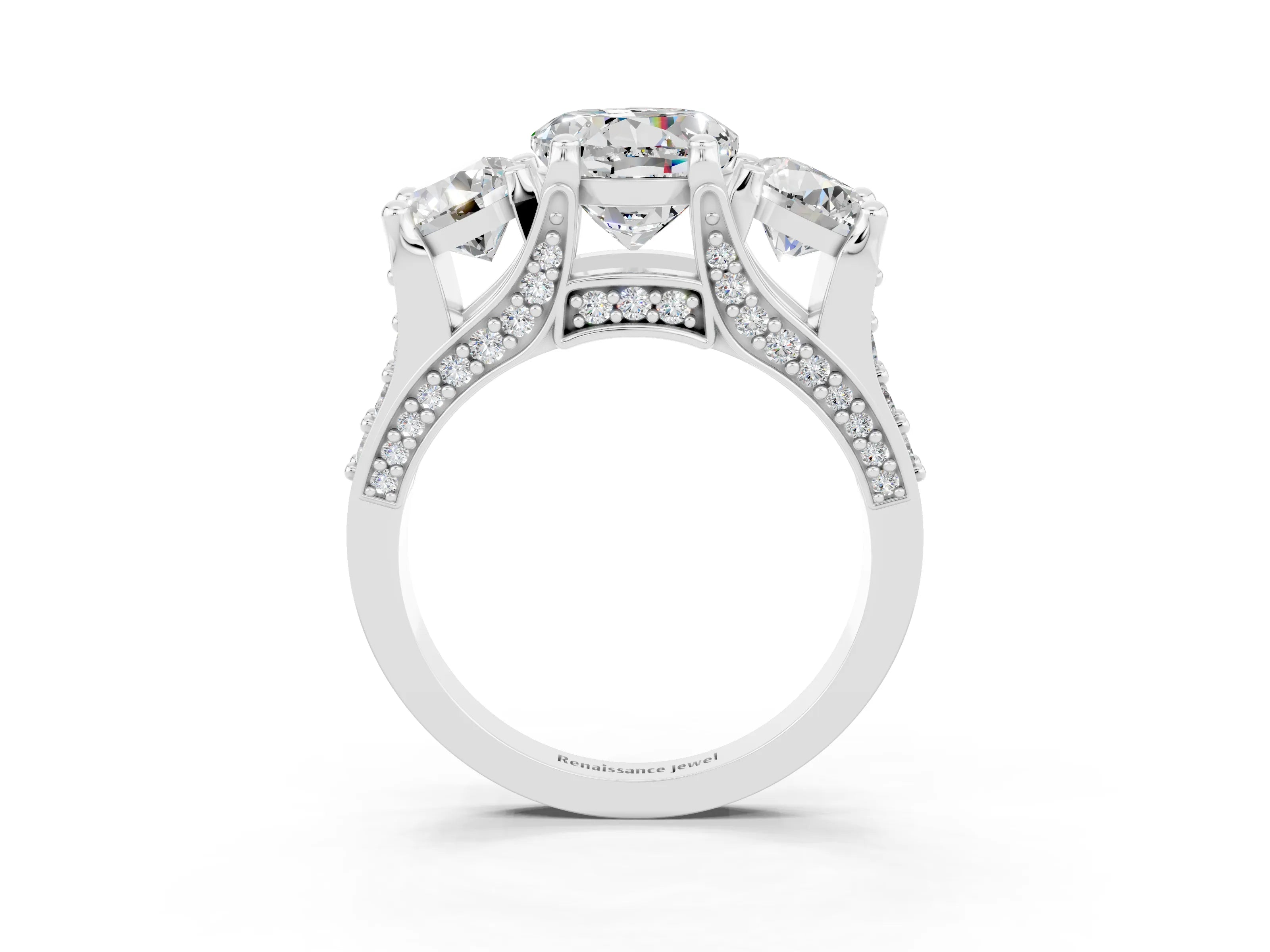 White gold Round Cut Moissanite Three-Stone Ring with Channel Set Band and Four-Prong Setting_3