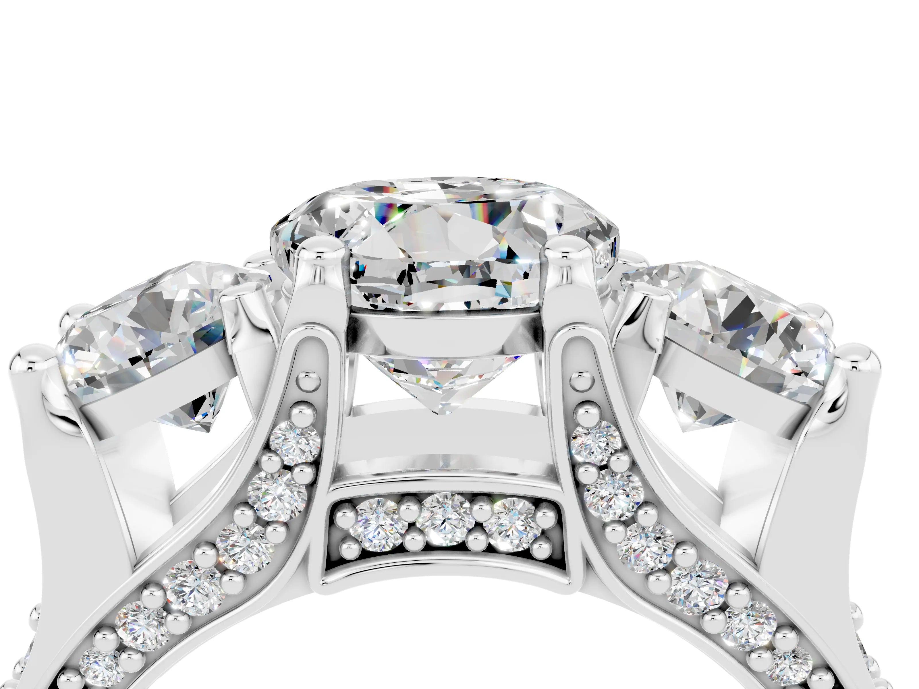 White gold Round Cut Moissanite Three-Stone Ring with Channel Set Band and Four-Prong Setting_4