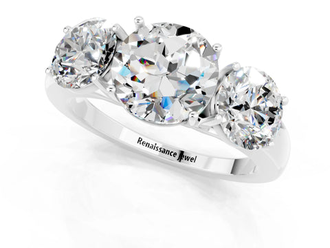 White gold Round Cut Moissanite Three-Stone Ring with Four-Prong Setting and Classic Band_1