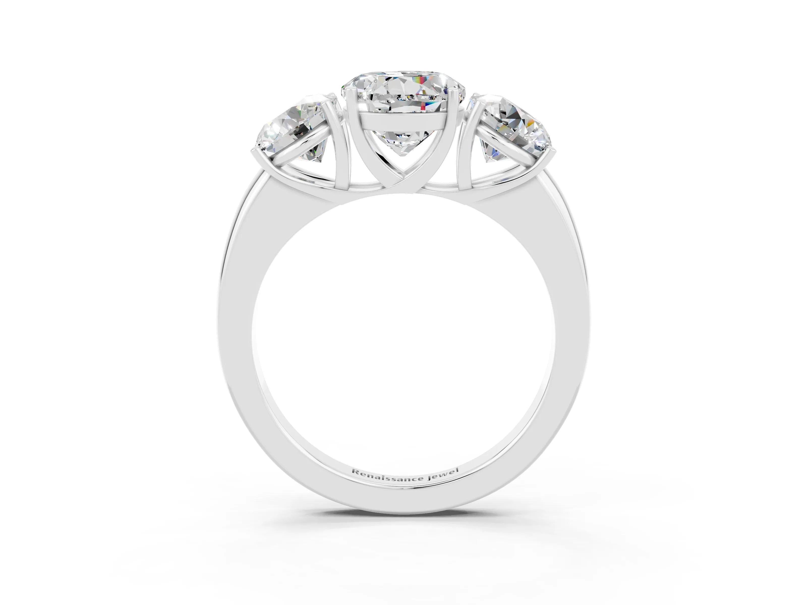White gold Round Cut Moissanite Three-Stone Ring with Four-Prong Setting and Classic Band_3