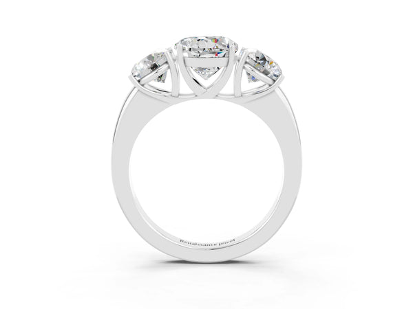 White gold Round Cut Moissanite Three-Stone Ring with Four-Prong Setting and Classic Band