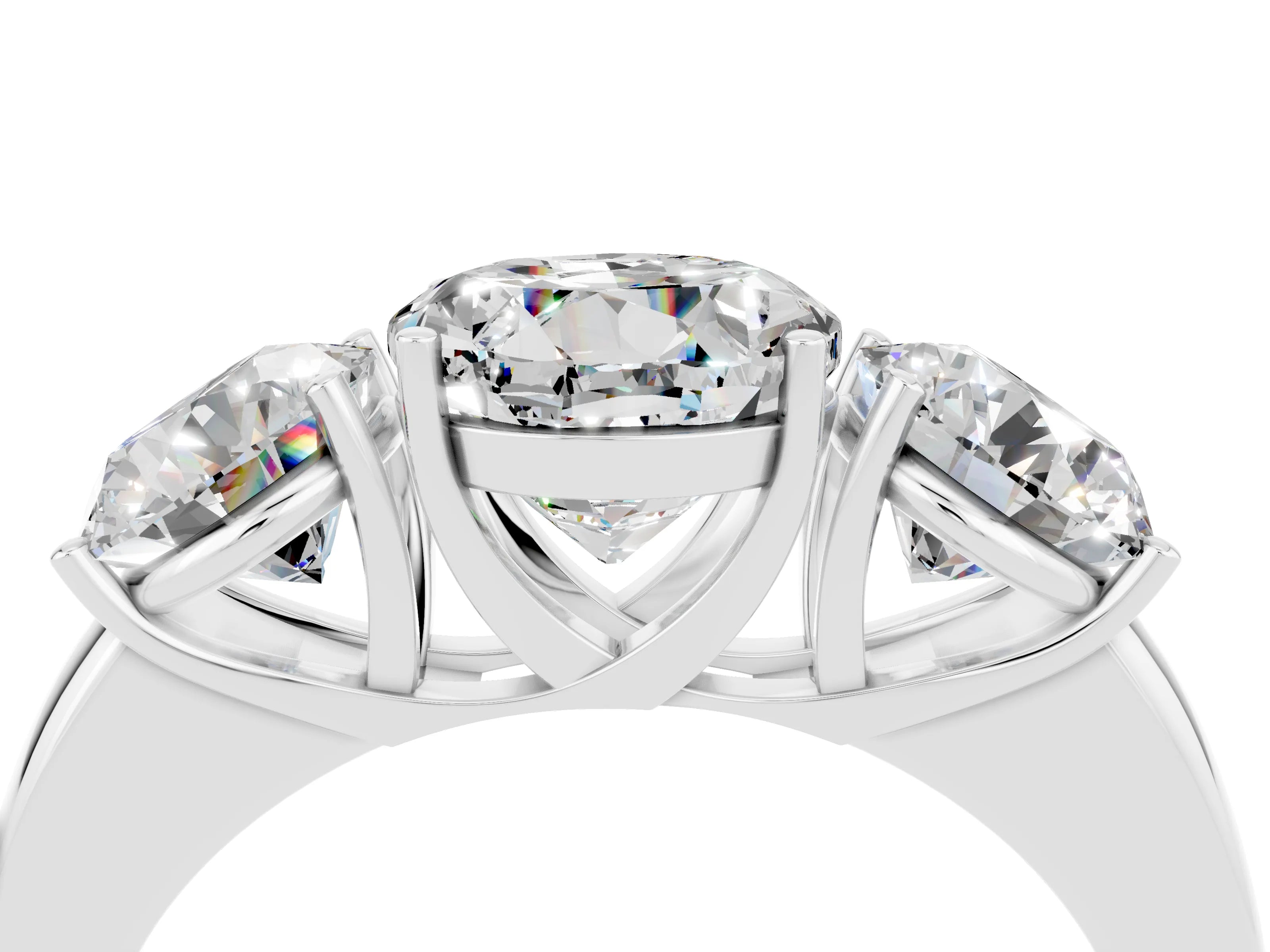 White gold Round Cut Moissanite Three-Stone Ring with Four-Prong Setting and Classic Band_4