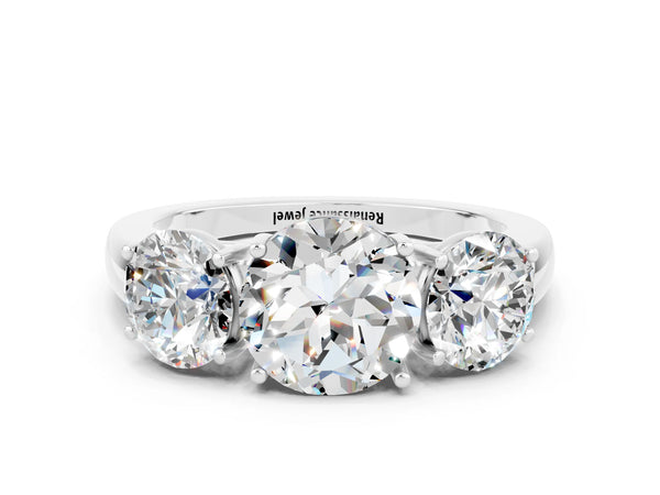 White gold Round Cut Moissanite Three-Stone Ring with Four-Prong Setting and Classic Band