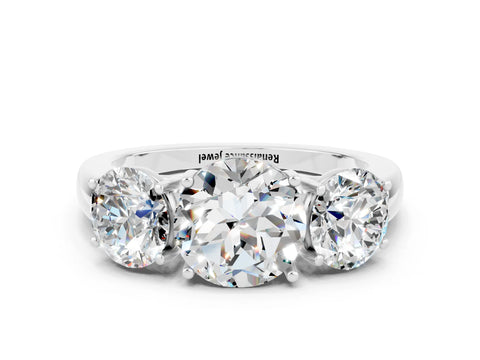White gold Round Cut Moissanite Three-Stone Ring with Four-Prong Setting and Classic Band