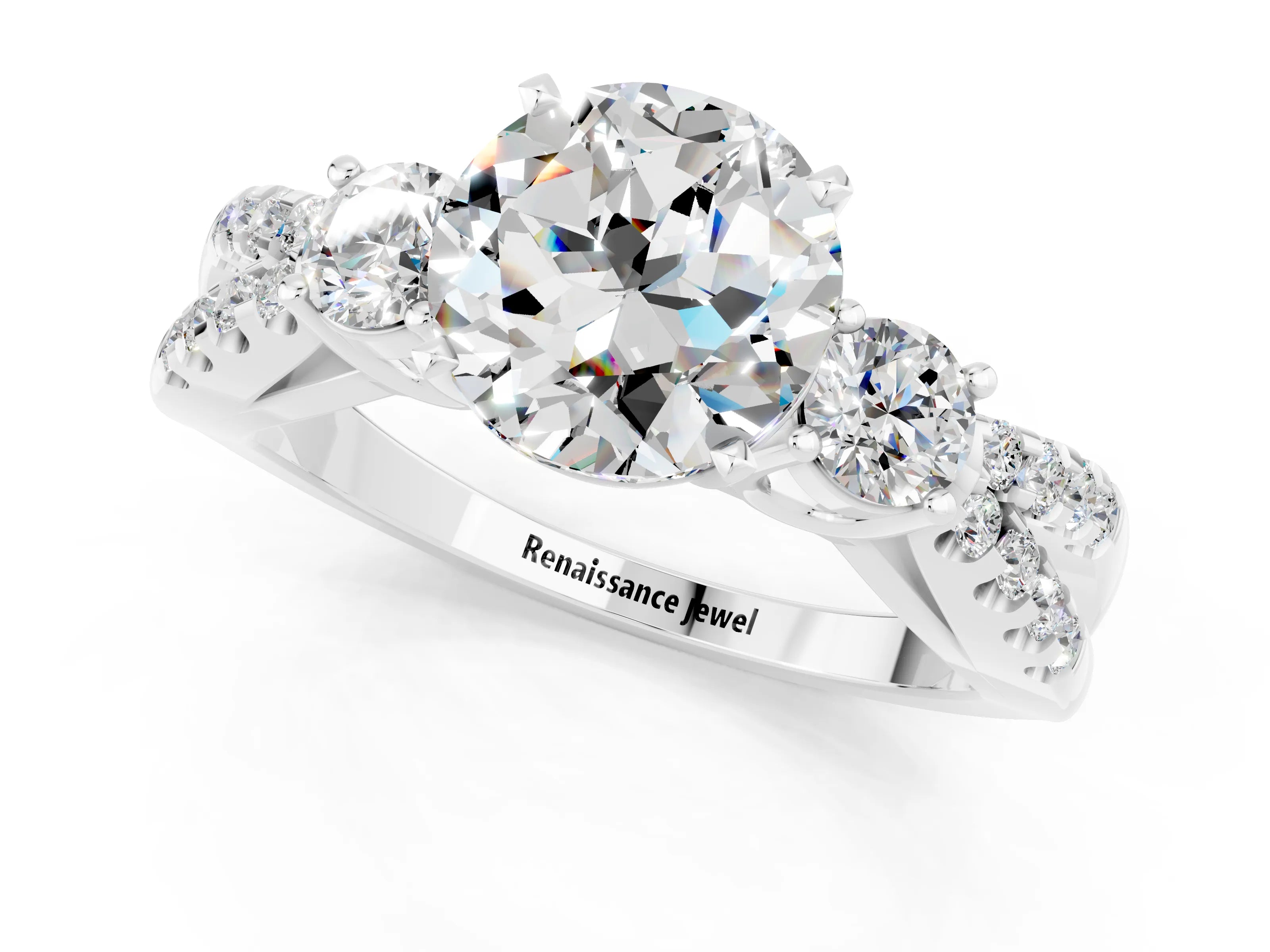 White gold Round Cut Moissanite Three-Stone Ring with Pavé Split Shank and Four-Prong Setting_1
