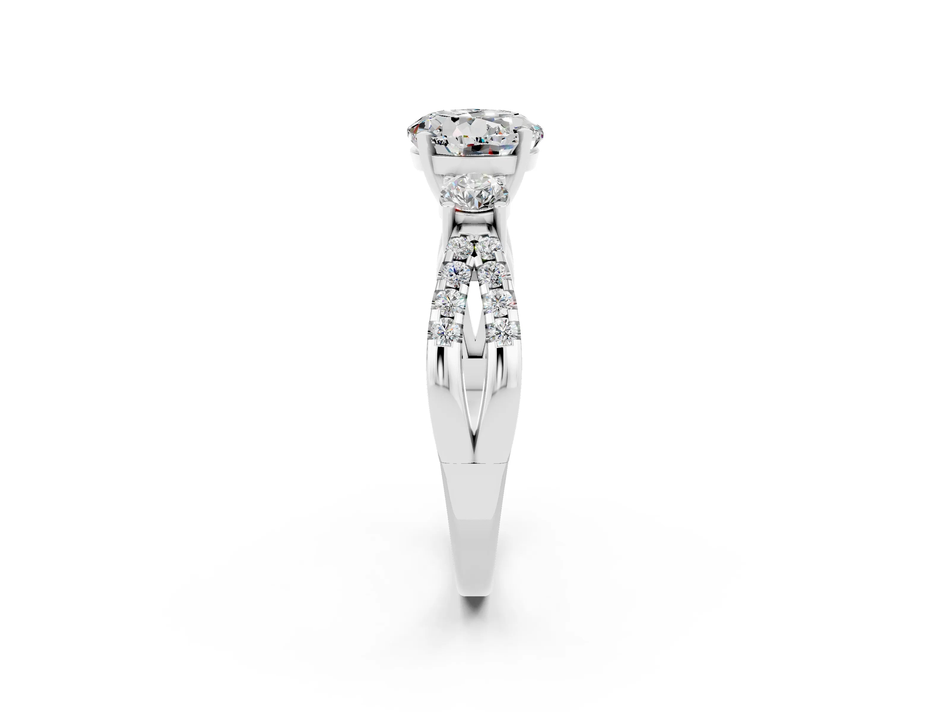 White gold Round Cut Moissanite Three-Stone Ring with Pavé Split Shank and Four-Prong Setting_2