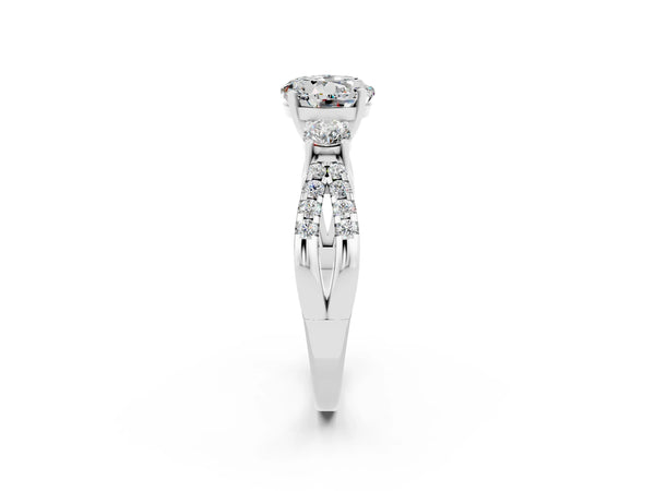 White gold Round Cut Moissanite Three-Stone Ring with Pavé Split Shank and Four-Prong Setting