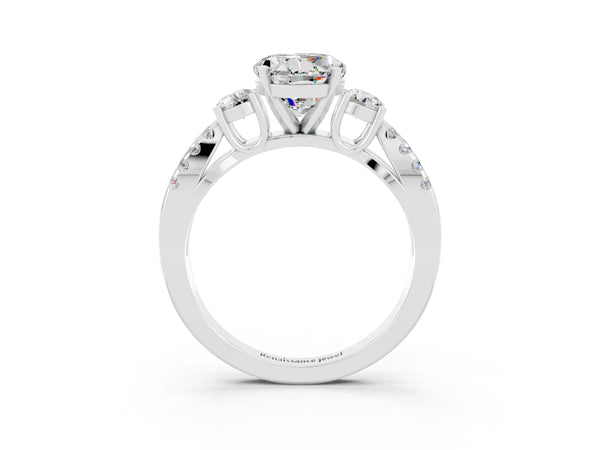 Silver Round Cut Moissanite Three-Stone Ring with Pavé Split Shank and Four-Prong Setting
