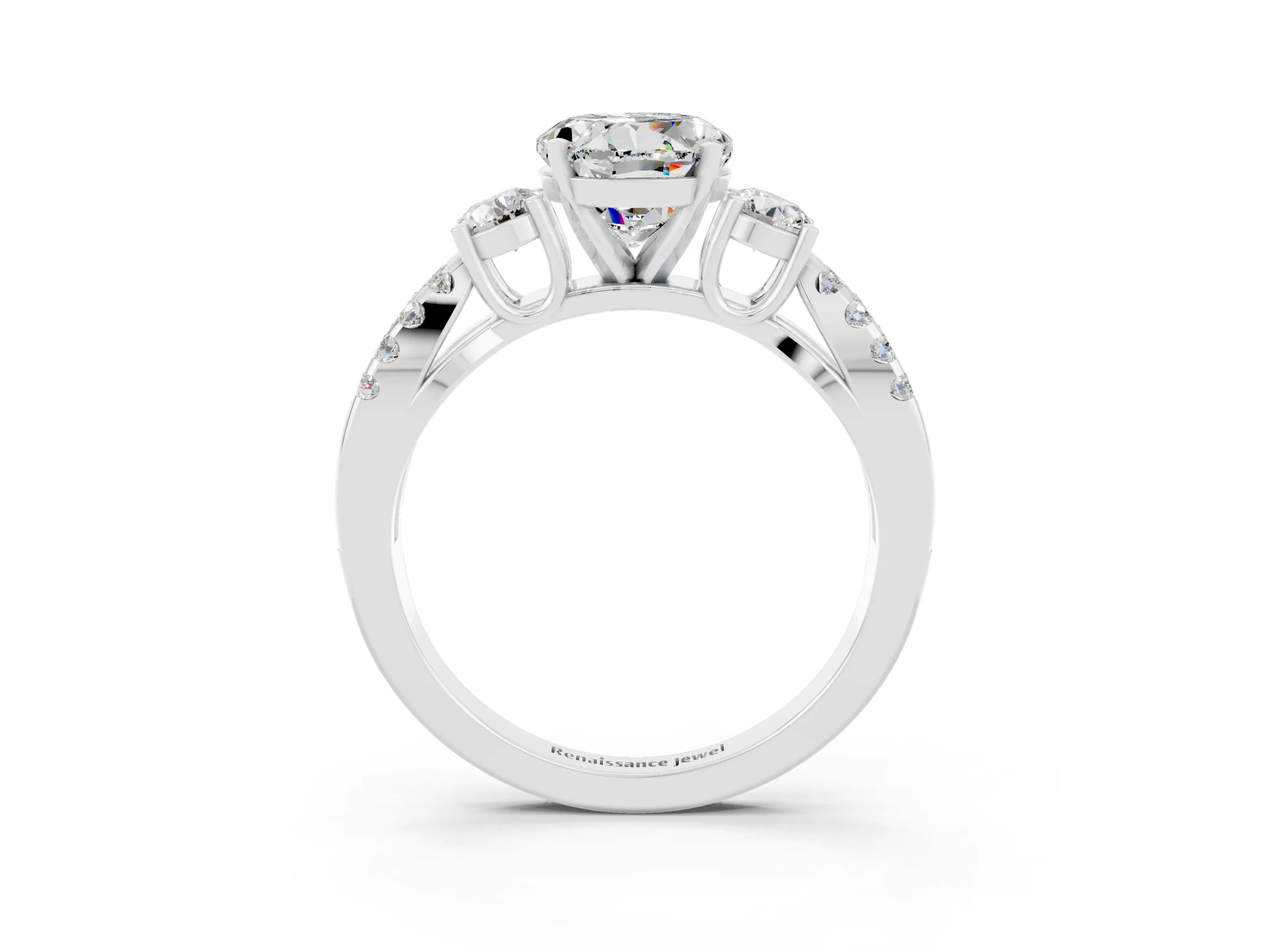 White gold Round Cut Moissanite Three-Stone Ring with Pavé Split Shank and Four-Prong Setting_3