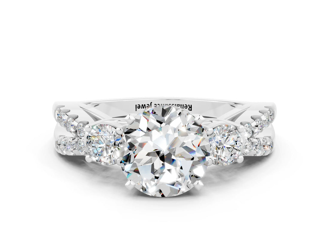White gold Round Cut Moissanite Three-Stone Ring with Pavé Split Shank and Four-Prong Setting