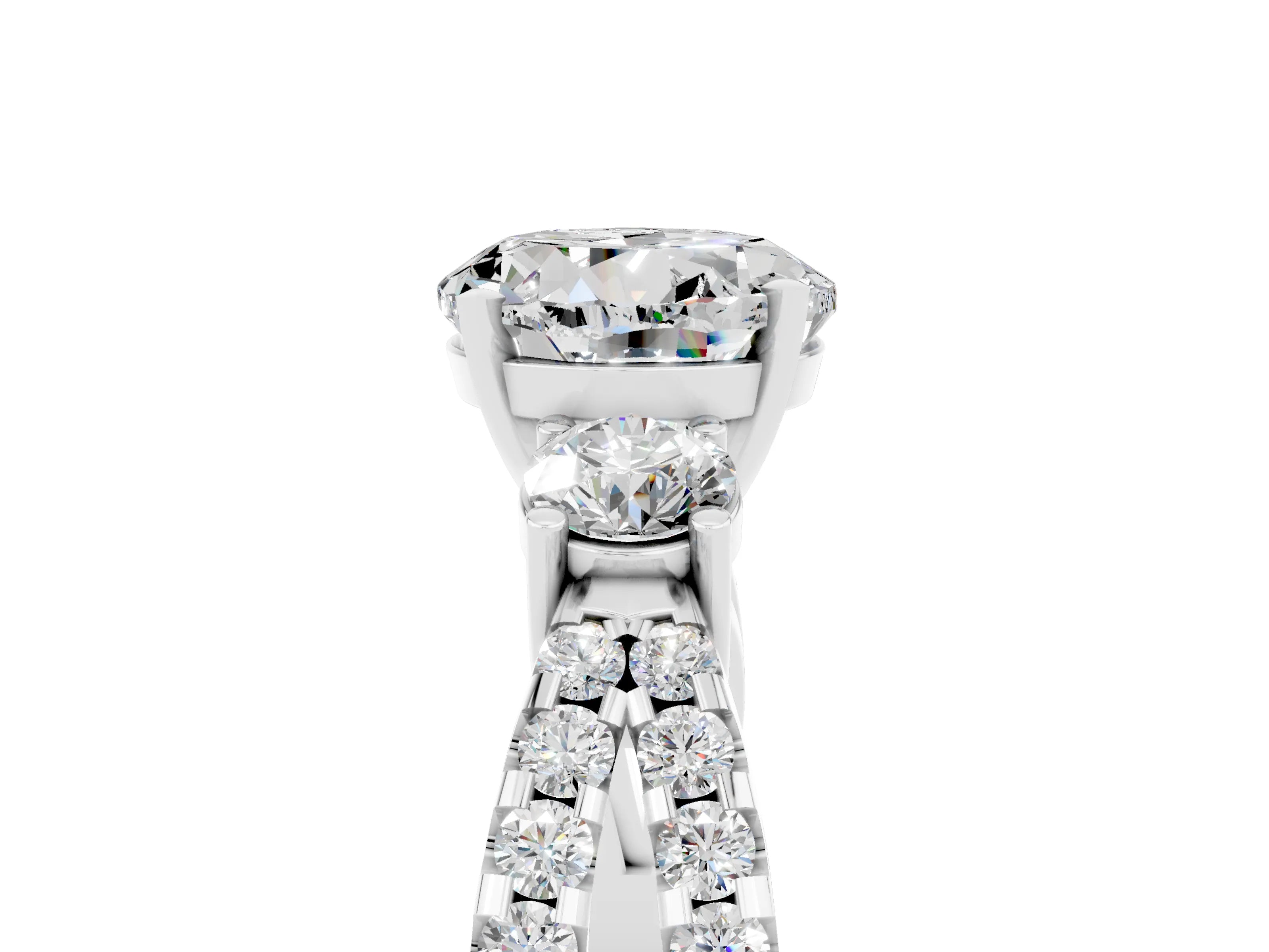 White gold Round Cut Moissanite Three-Stone Ring with Pavé Split Shank and Four-Prong Setting_5
