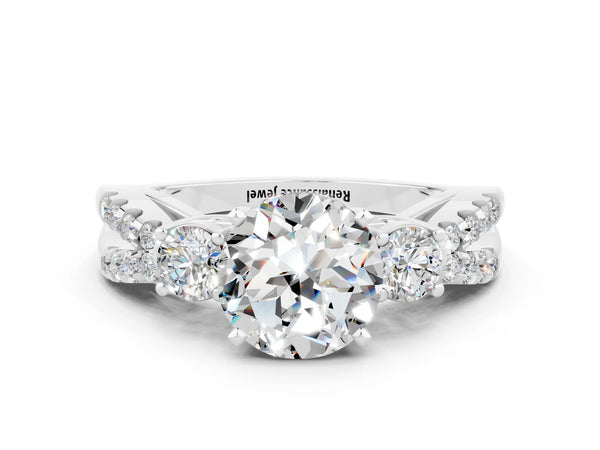 Silver Round Cut Moissanite Three-Stone Ring with Pavé Split Shank and Four-Prong Setting