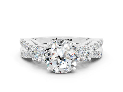 White gold Round Cut Moissanite Three-Stone Ring with Pavé Split Shank and Four-Prong Setting
