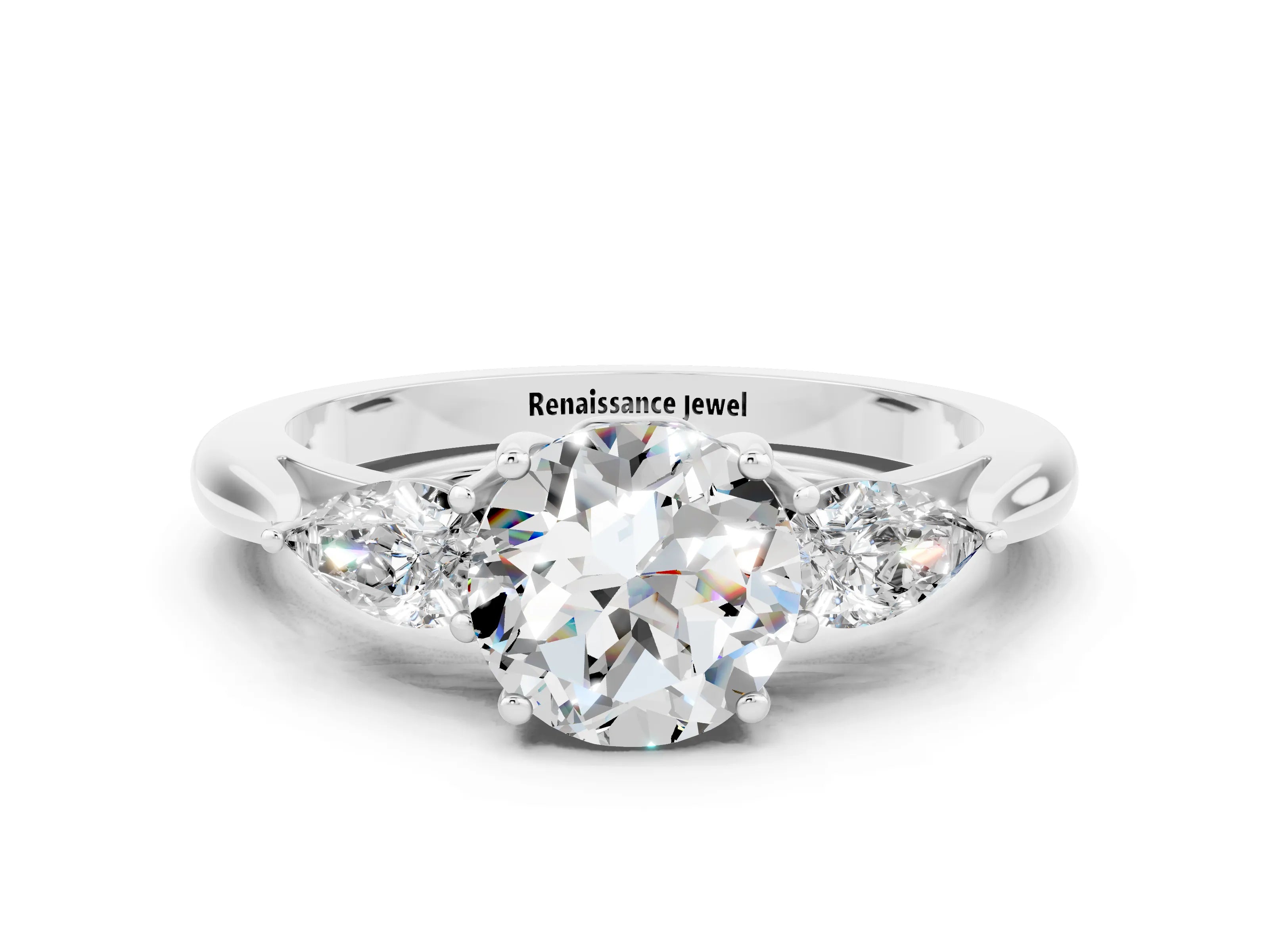White gold Round Cut Moissanite Three-Stone Ring with Pear Side Stones and Four-Prong Setting_12