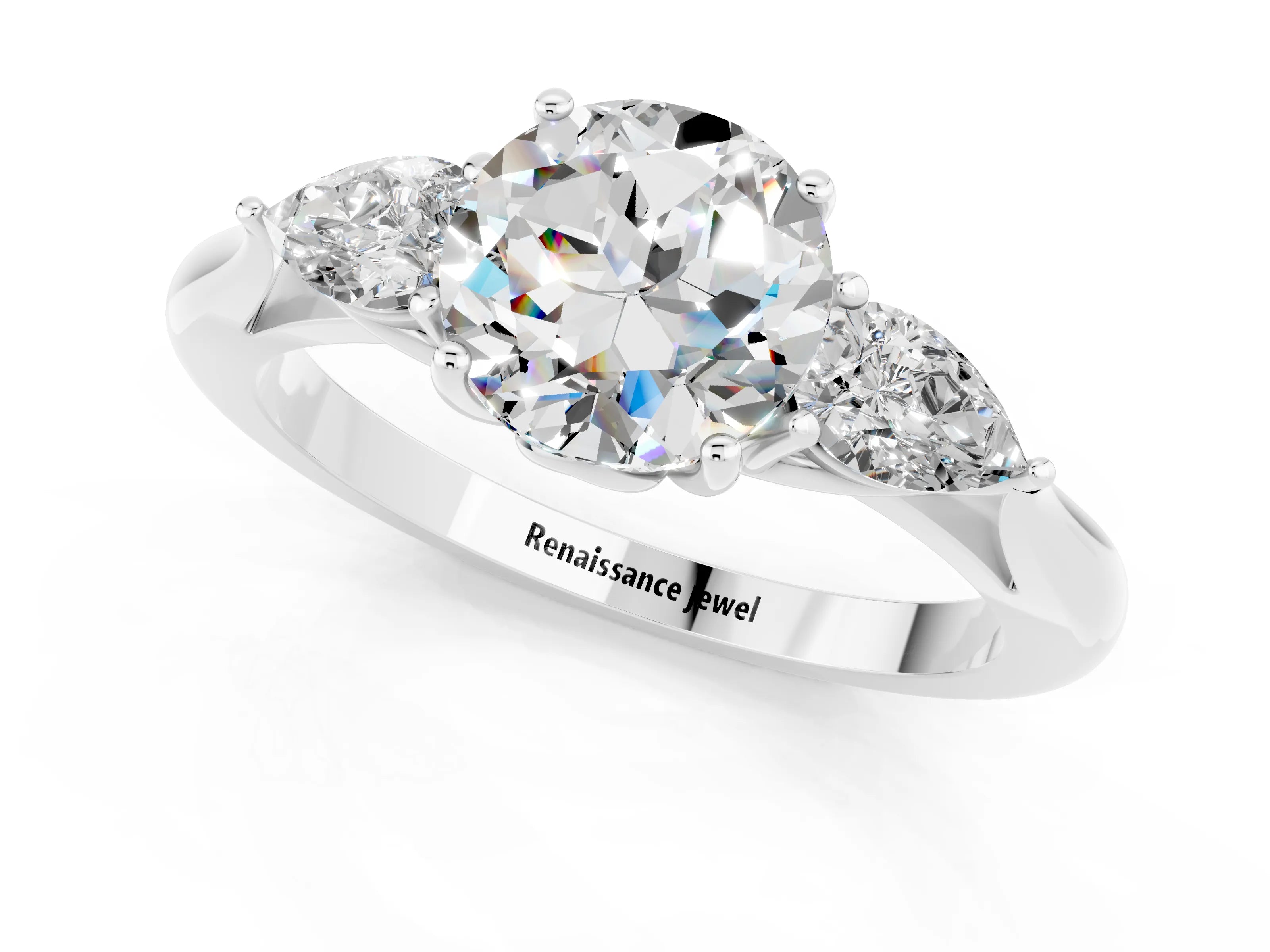 White gold Round Cut Moissanite Three-Stone Ring with Pear Side Stones and Four-Prong Setting_13