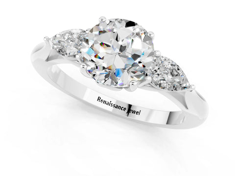 White gold Round Cut Moissanite Three-Stone Ring with Pear Side Stones and Four-Prong Setting_13