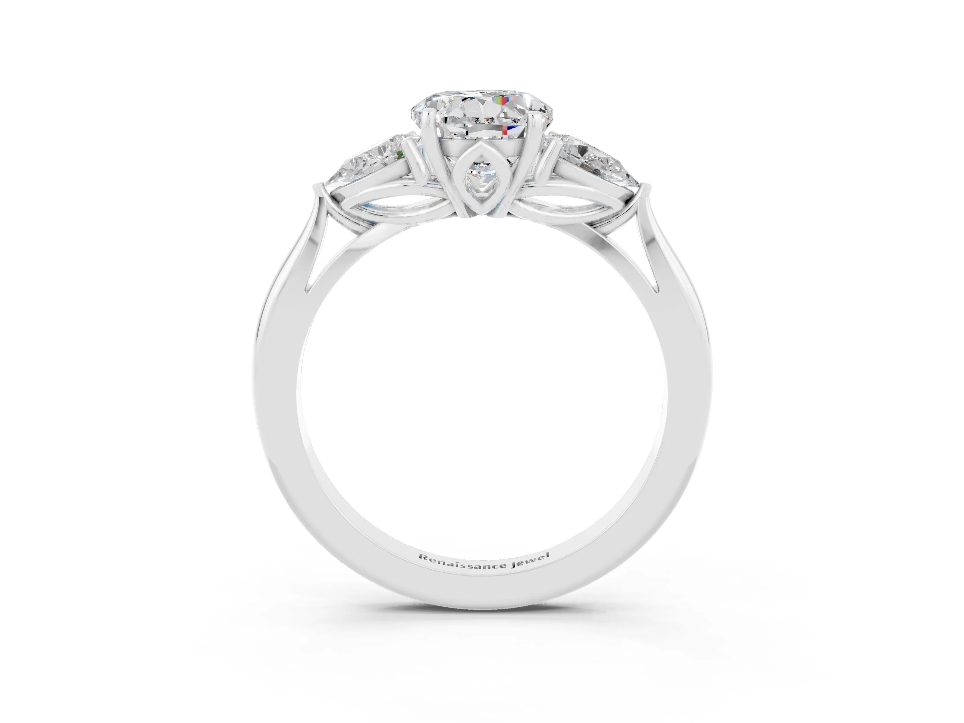 White gold Round Cut Moissanite Three-Stone Ring with Pear Side Stones and Four-Prong Setting_15