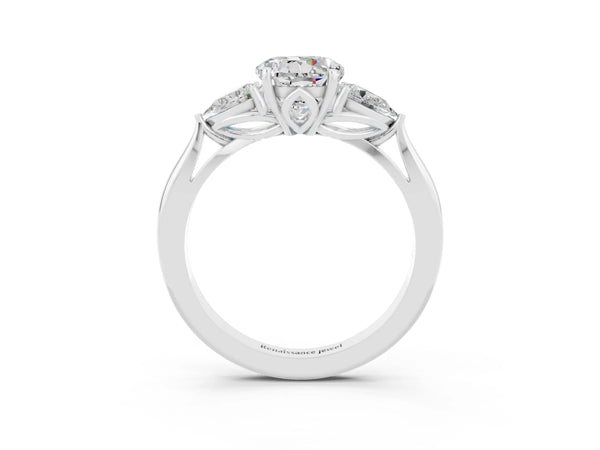 Silver Round Cut Moissanite Three-Stone Ring with Pear  Side Stones and Prong Setting