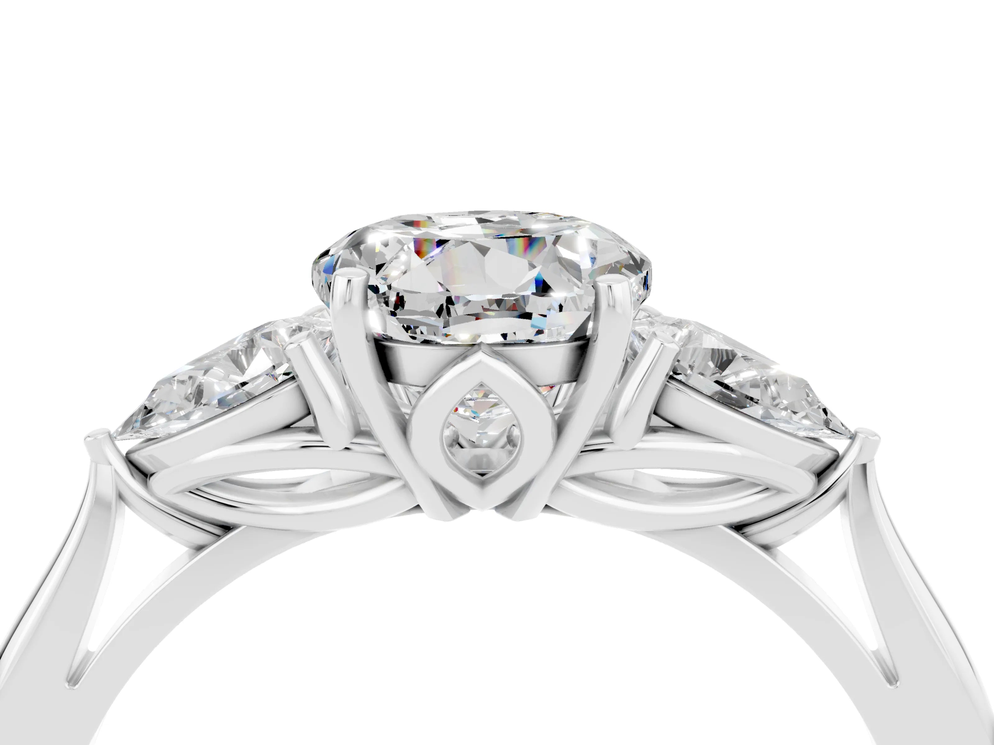White gold Round Cut Moissanite Three-Stone Ring with Pear Side Stones and Four-Prong Setting_16