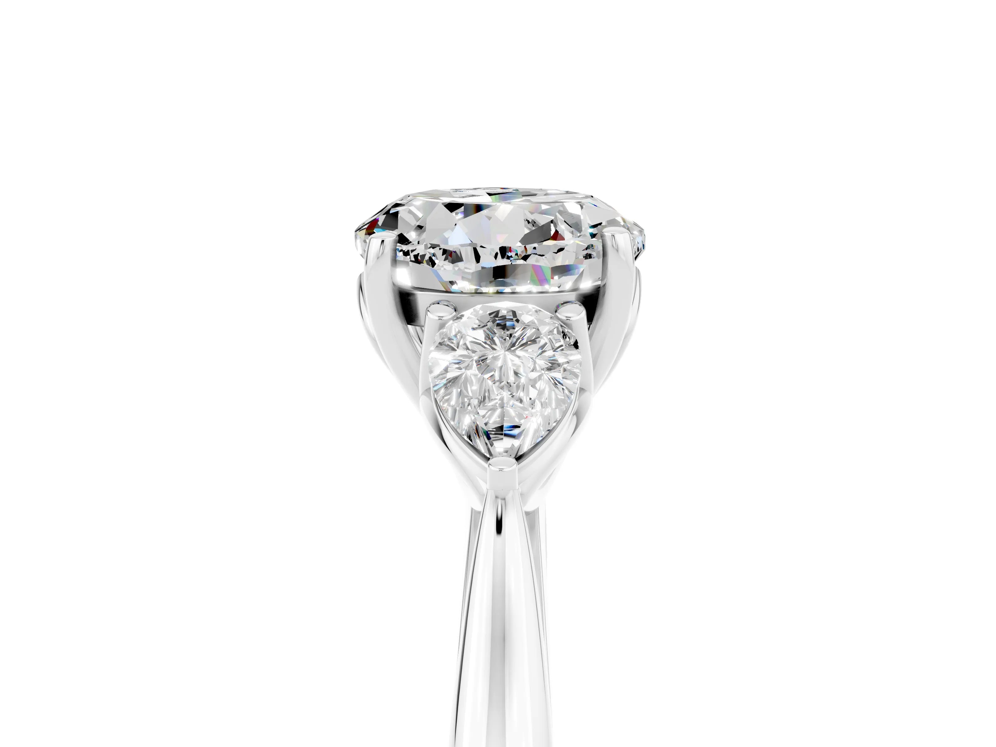 White gold Round Cut Moissanite Three-Stone Ring with Pear Side Stones and Four-Prong Setting_17