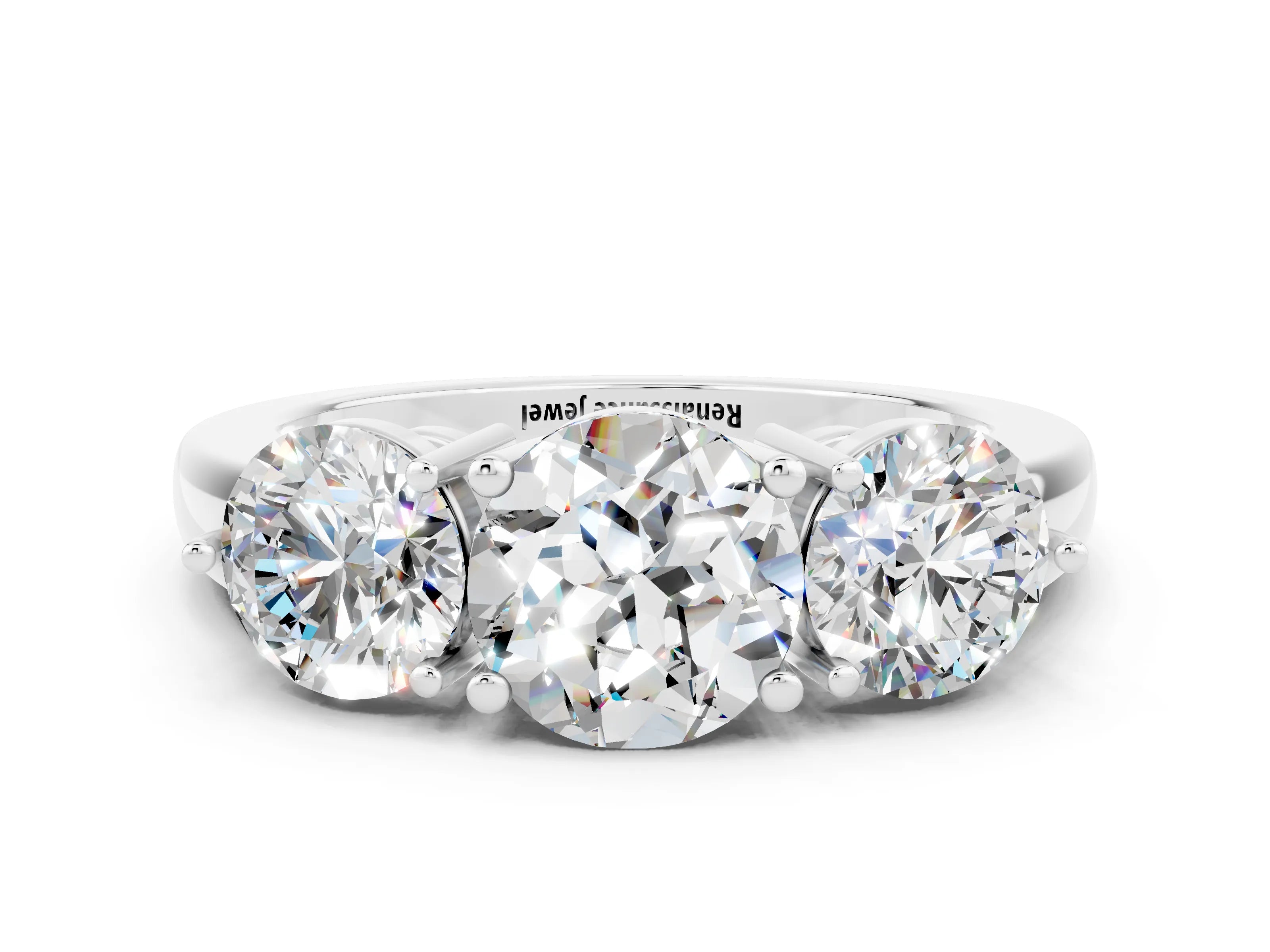 White gold Round Cut Moissanite Three-Stone Ring with Prong Setting and Classic Band