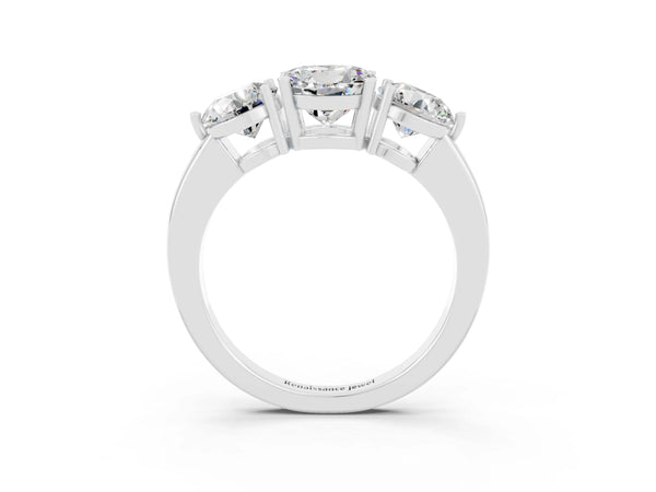Platinum Round Cut Moissanite Three-Stone Ring with Prong Setting and Classic Band