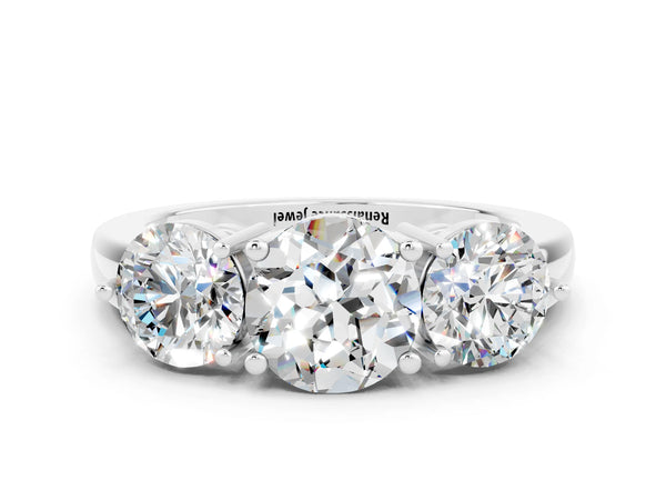 Silver Round Cut Moissanite Three-Stone Ring with Prong Setting and Classic Band