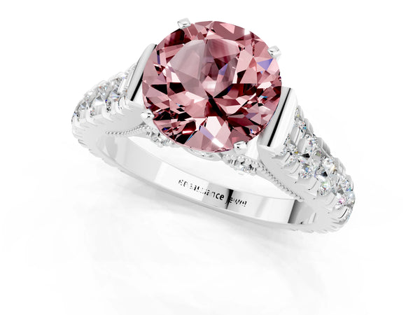 Platinum Round Cut Morganite Classic Solitaire Ring with Pavé Band and Four-Prong Setting