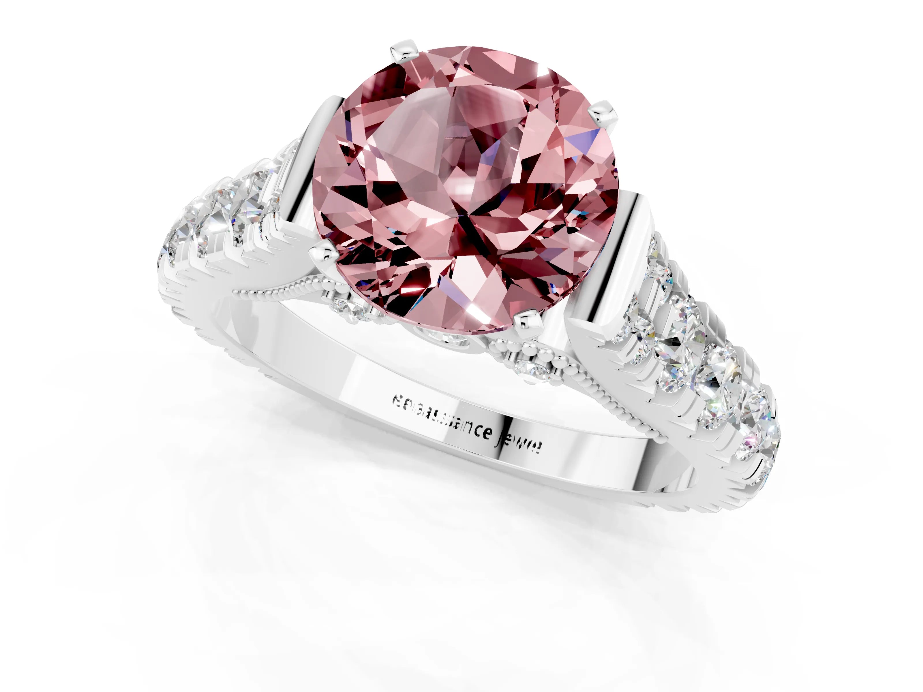 White gold Round Cut Morganite Classic Solitaire Ring with Pavé Band and Four-Prong Setting_1