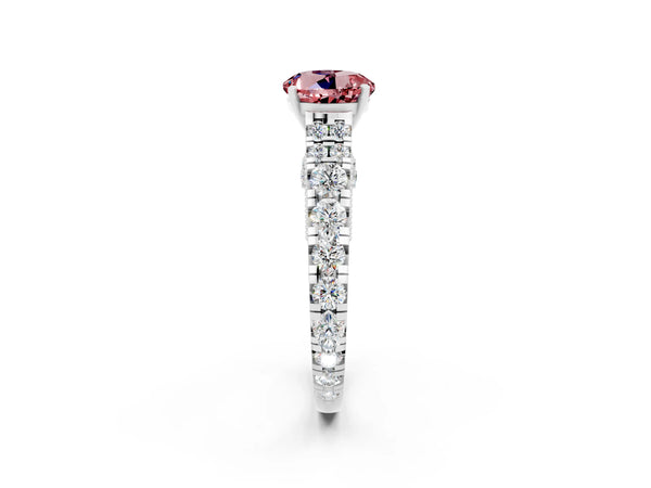Silver Round Cut Morganite Classic Solitaire Ring with Pavé Band and Four-Prong Setting