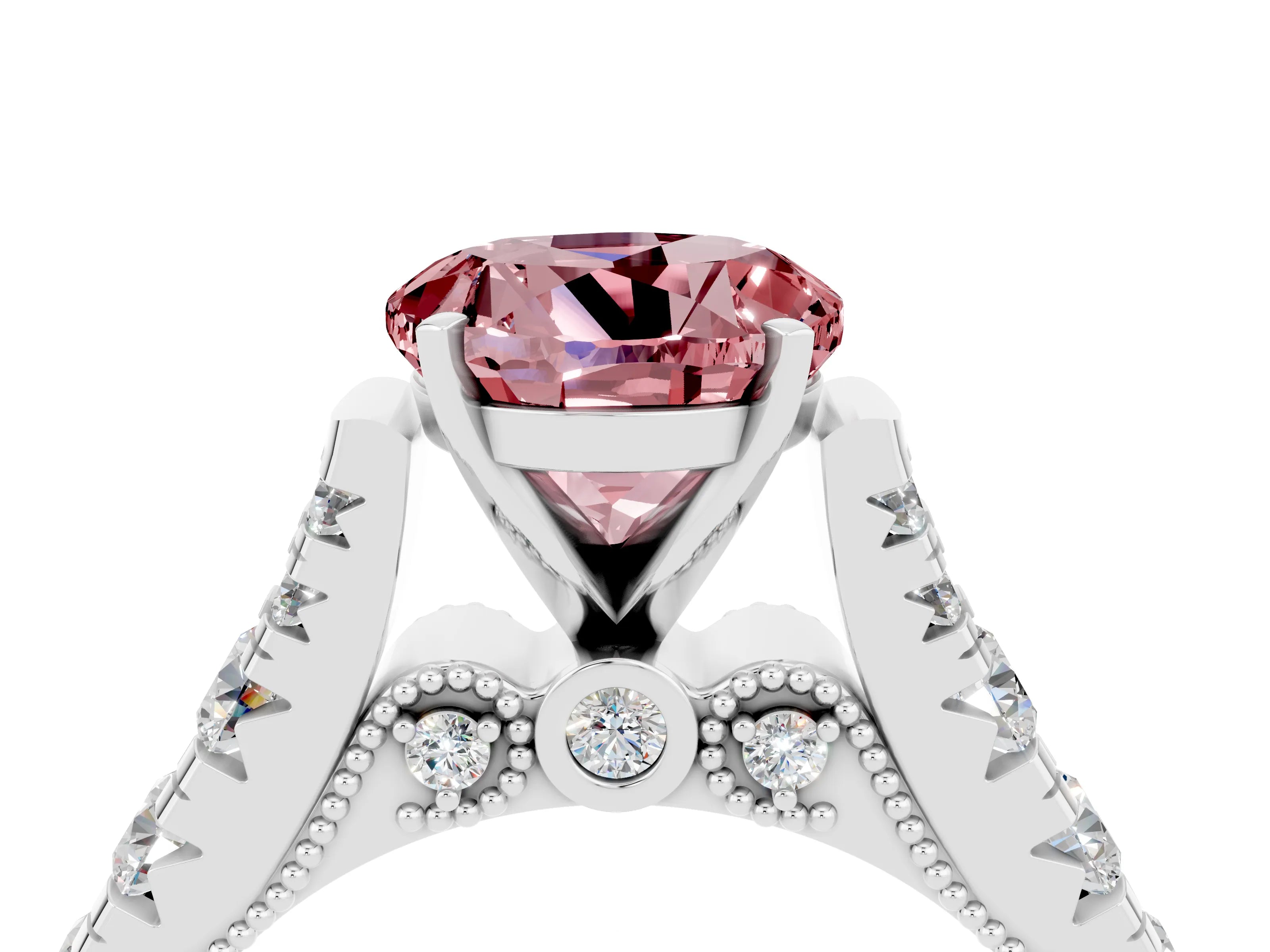 White gold Round Cut Morganite Classic Solitaire Ring with Pavé Band and Four-Prong Setting_4