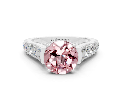 White gold Round Cut Morganite Classic Solitaire Ring with Pavé Band and Four-Prong Setting