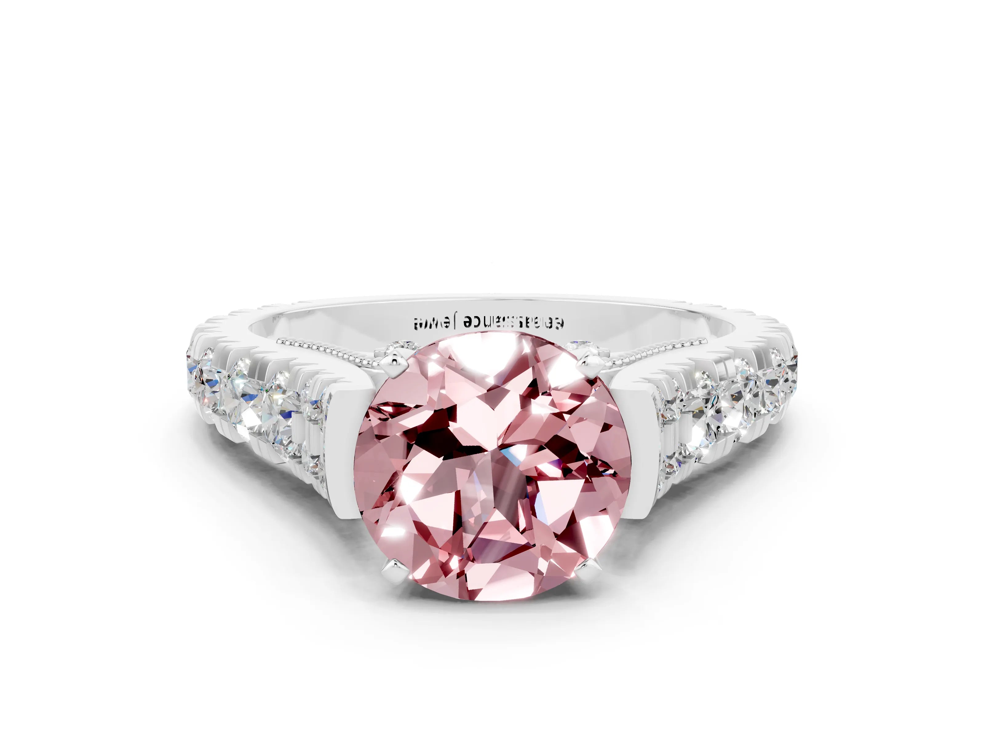White gold Round Cut Morganite Classic Solitaire Ring with Pavé Band and Four-Prong Setting