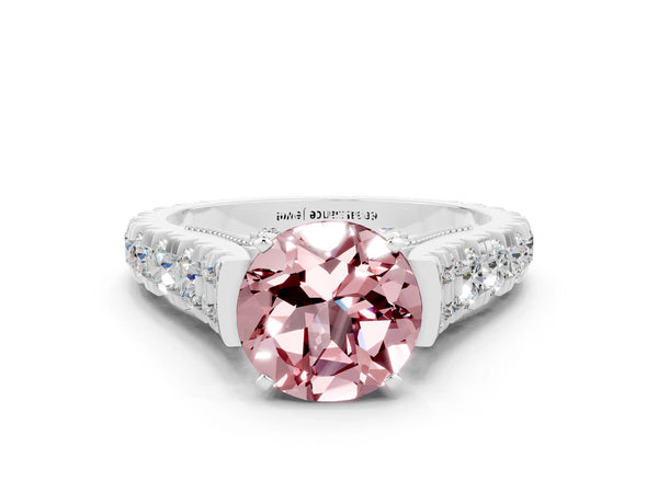 White gold Round Cut Morganite Classic Solitaire Ring with Pavé Band and Four-Prong Setting