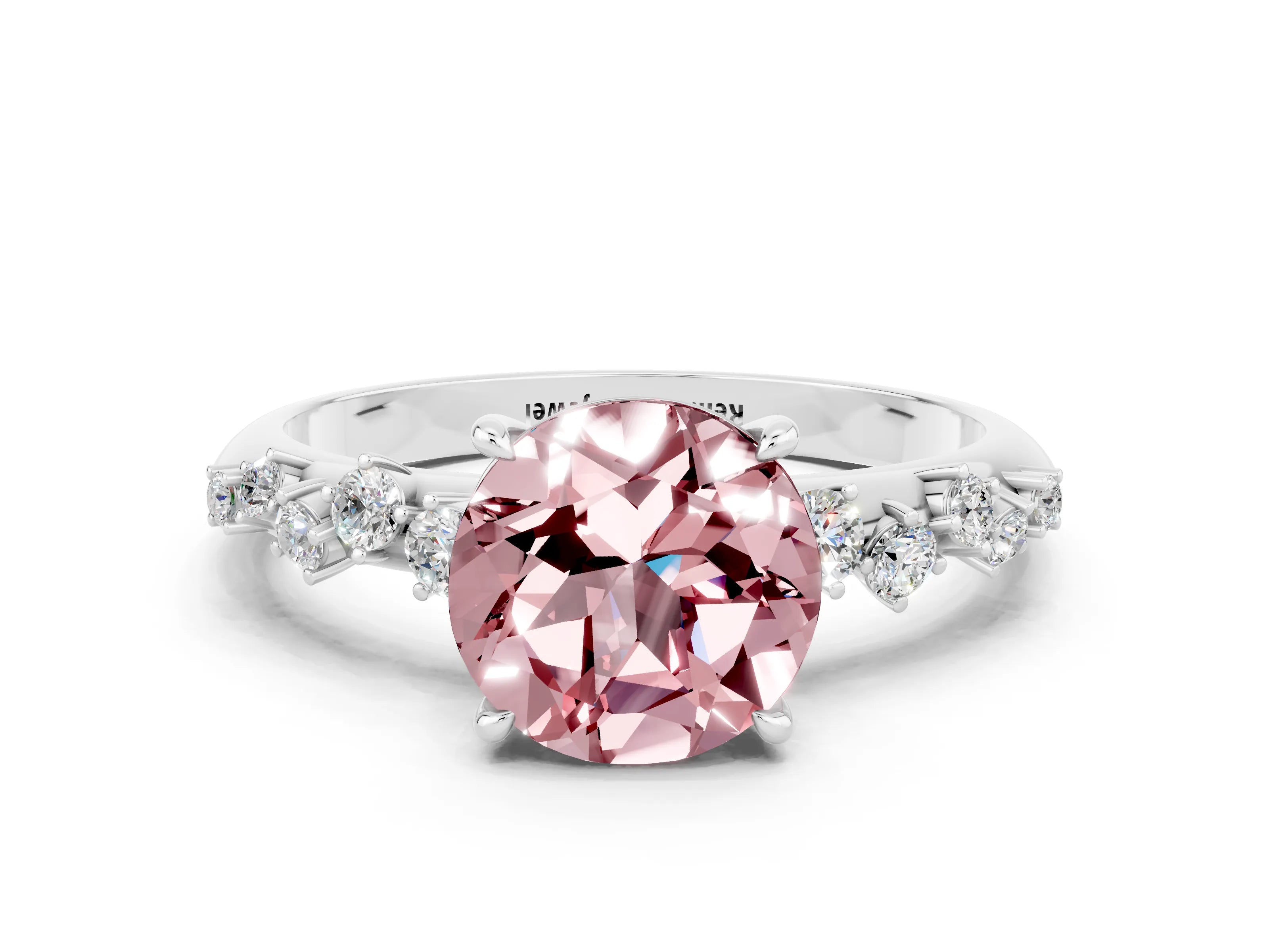White gold Round Cut Morganite Cluster Side Stone Solitaire Ring with Prong Setting_24