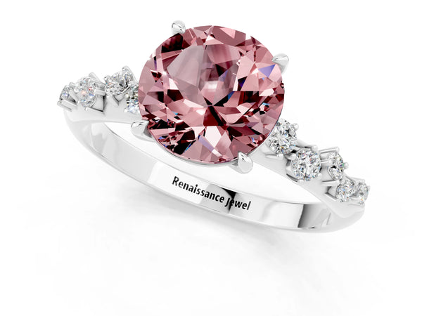 White gold Round Cut Morganite Cluster Side Stone Solitaire Ring with Prong Setting