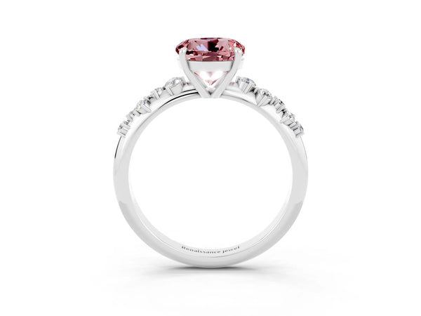 White gold Round Cut Morganite Cluster Side Stone Solitaire Ring with Prong Setting