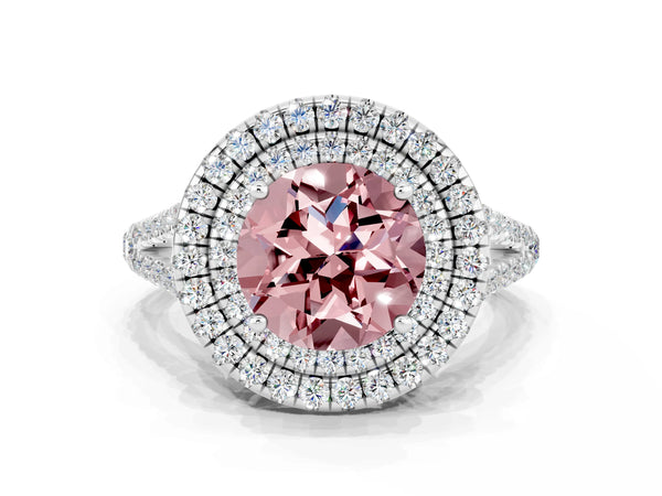 Silver Round Cut Morganite Double Halo Ring with Pavé Band and Prong Setting