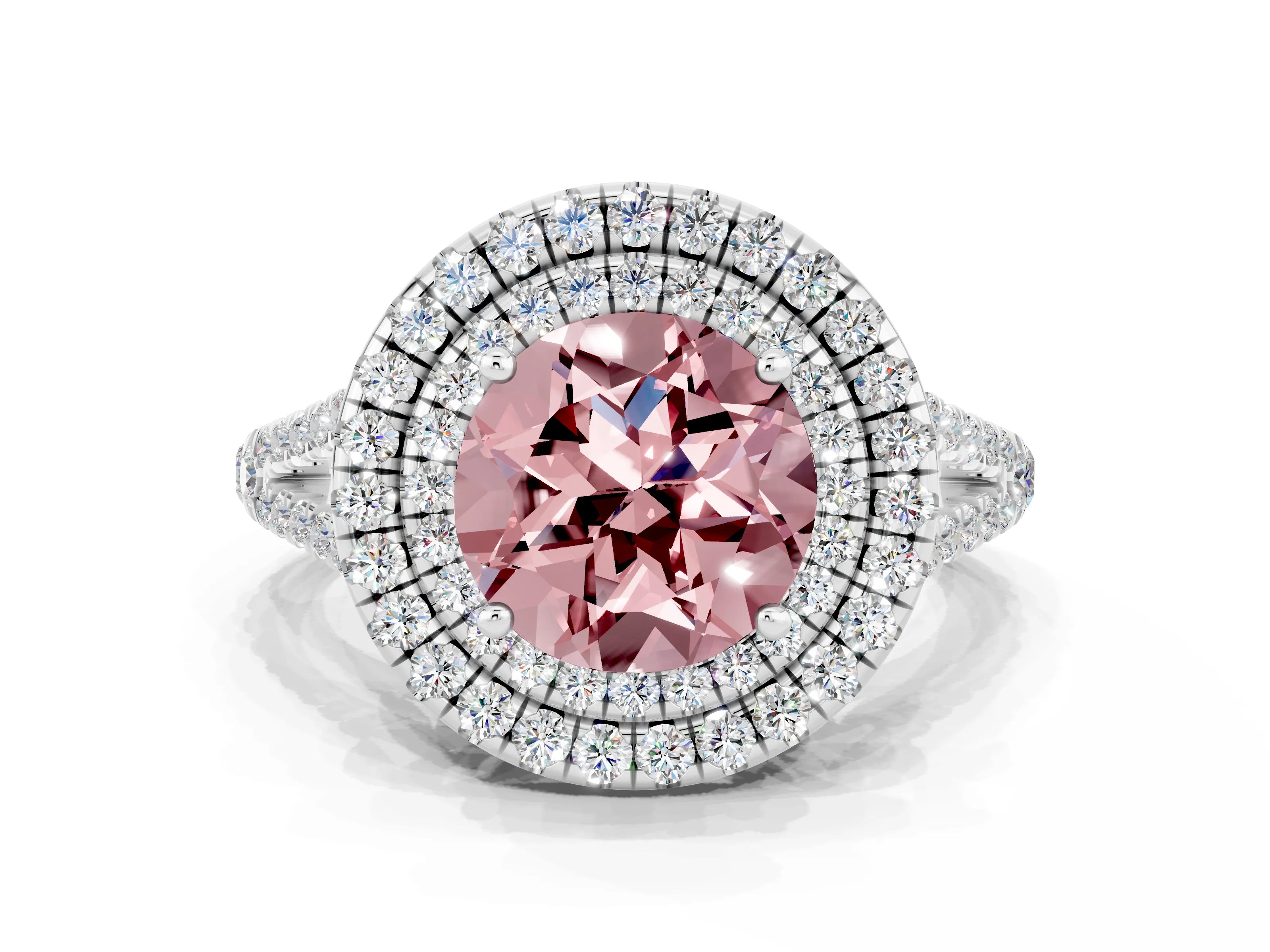 White gold Round Cut Morganite Double Halo Ring with Pavé Band and Prong Setting_12
