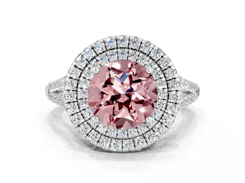 White gold Round Cut Morganite Double Halo Ring with Pavé Band and Prong Setting_12