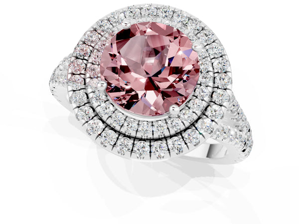Platinum Round Cut Morganite Double Halo Ring with Pavé Band and Prong Setting