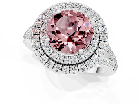 White gold Round Cut Morganite Double Halo Ring with Pavé Band and Prong Setting_13