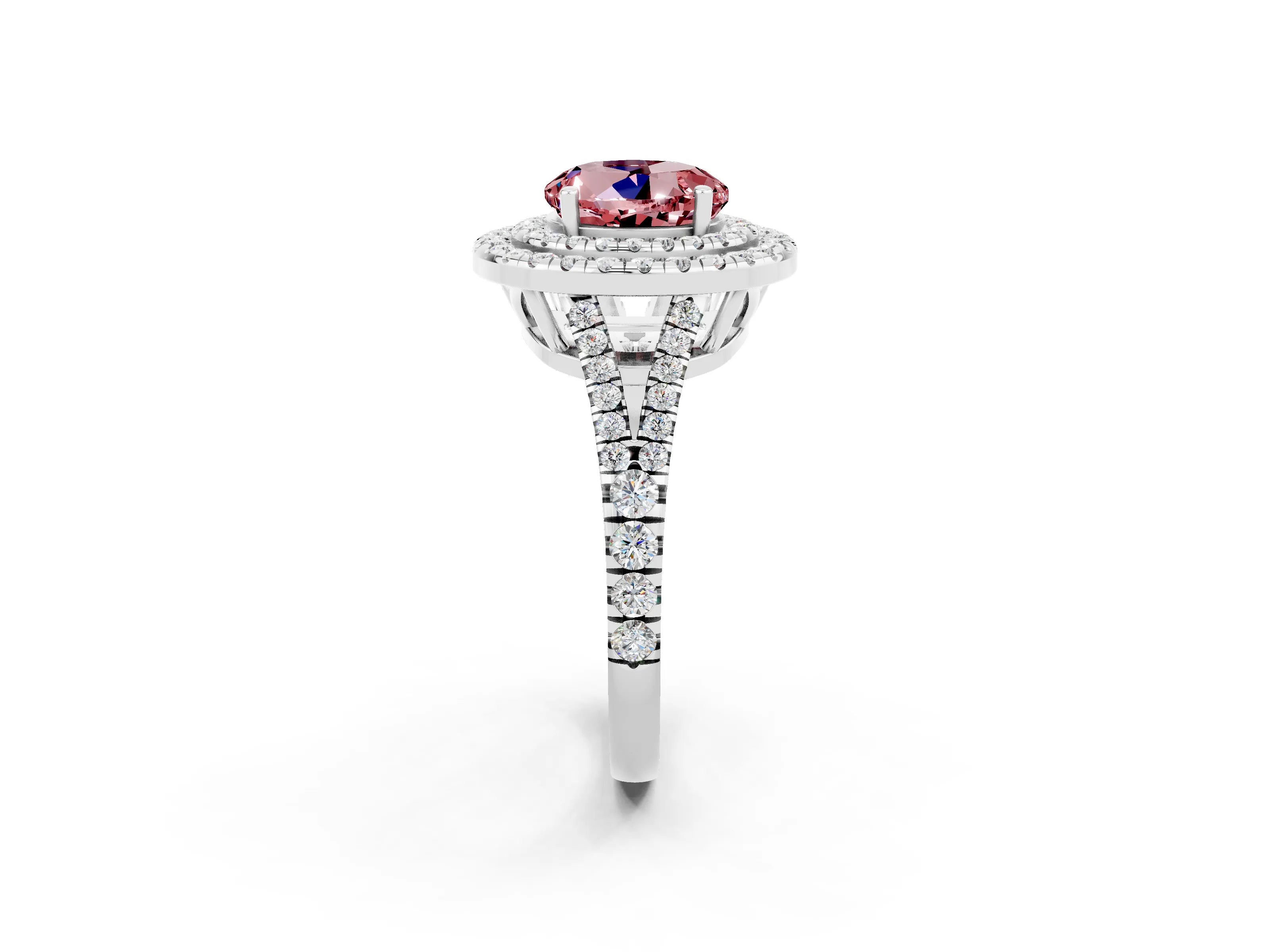 White gold Round Cut Morganite Double Halo Ring with Pavé Band and Prong Setting_14