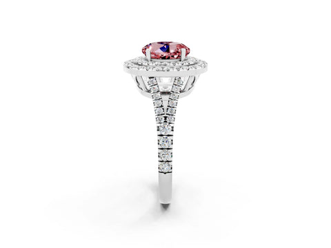White gold Round Cut Morganite Double Halo Ring with Pavé Band and Prong Setting_14